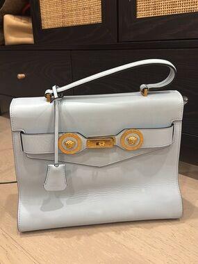 Versace Pale Blue Leather Top Handle Satchel with Gold Medusa Hardware